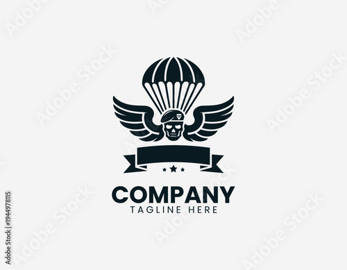 Airborne skull with wings and parachute black vector logo illustration isolated on white background