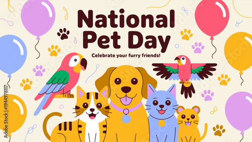 National pet day celebration with animals and balloons