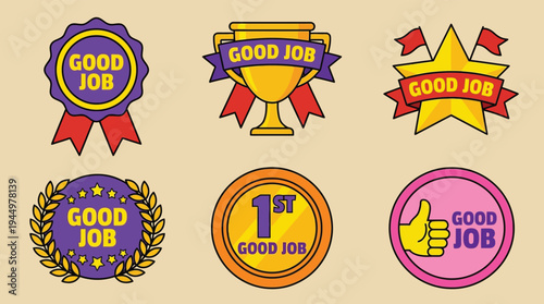 Good job and first place reward achievement badge trophy set vector