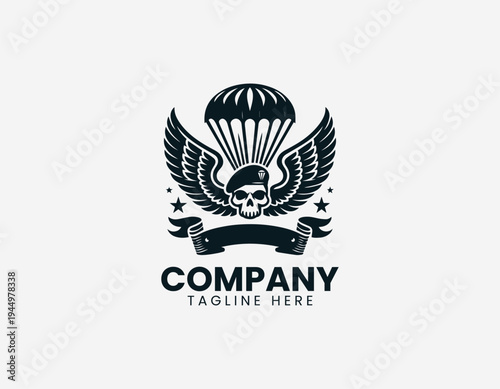 Airborne skull with wings and parachute black vector logo illustration isolated on white background