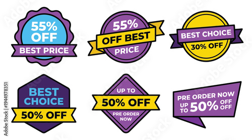 Set of colorful discount sale and pre order promotional badge vectors