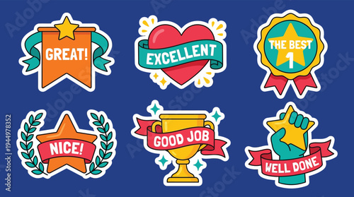 Excellent and best reward achievement ribbon badge sticker set vector
