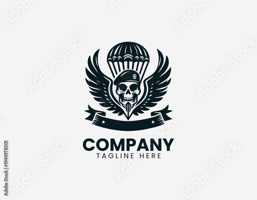 Airborne skull with wings and parachute black vector logo illustration isolated on white background