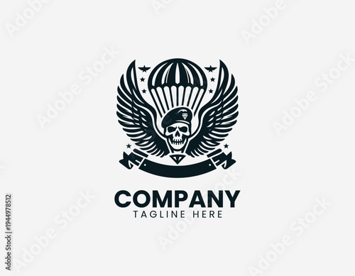 Airborne skull with wings and parachute black vector logo illustration isolated on white background