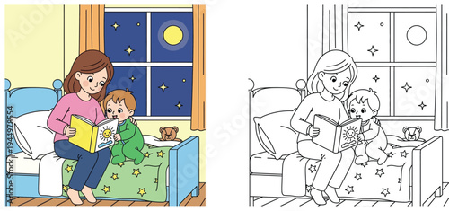 Cute cartoon mother reading a bedtime story to her child on the bed. Vector illustration with both a colorful version and a black and white line outline for coloring book pages.