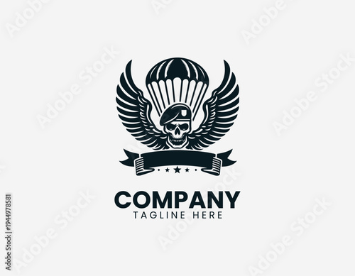 Airborne skull with wings and parachute black vector logo illustration isolated on white background