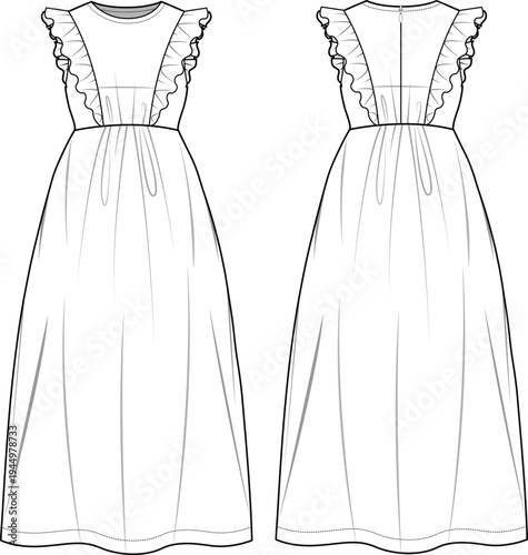 Ruffle dress flat sketch vector mockup template.