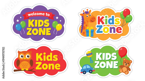 Kids zone play room colorful cute animal sticker badge vector
