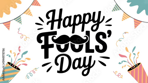 Happy april fools' day celebration with colorful party poppers and festive bunting on white background