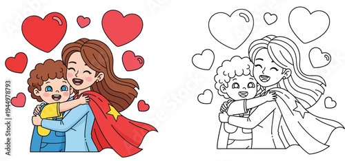 Cute superhero mom hugging her son, vector illustration. Includes colorful version and black and white line art coloring page for kids, representing love and family bond.