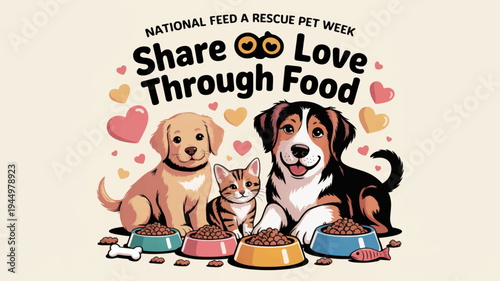 Dogs and cat eating from bowls with share love through food text for national pet week