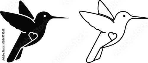 Hummingbird silhouette pair black white heart Vector