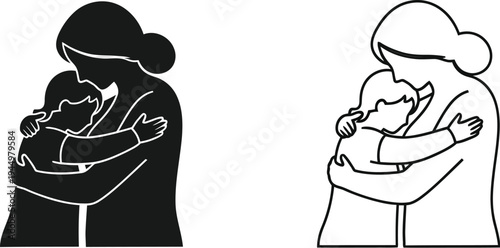 Mother and child embrace line art illustration Vector