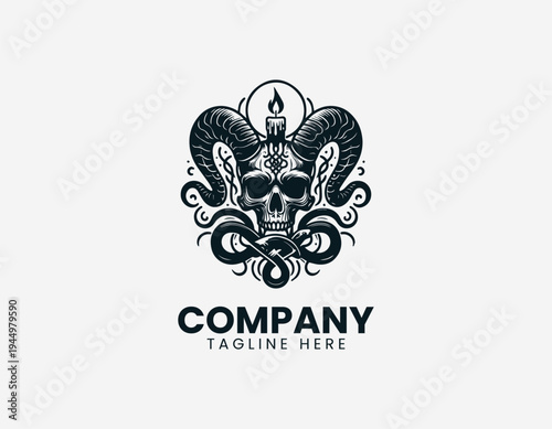 Horned animal skull with candle and snakes in dramatic gothic black vector illustration style