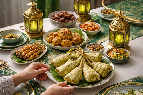 Festive table setting with traditional dishes commonly served during Eid al-Fitr. Suitable for cultural celebration, holiday hospitality, and festive meal themes.
