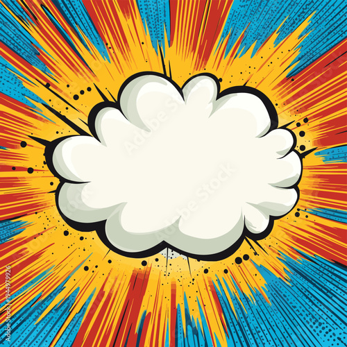 A blank comic book speech bubble surrounded by bold colors , vector style simple color