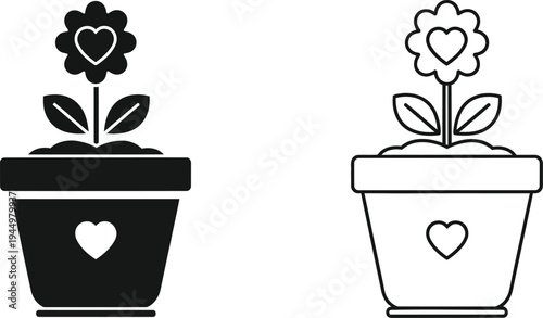 Heart flower pot black white Vector