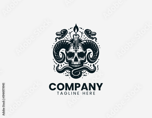 Horned animal skull with candle and snakes in dramatic gothic black vector illustration style