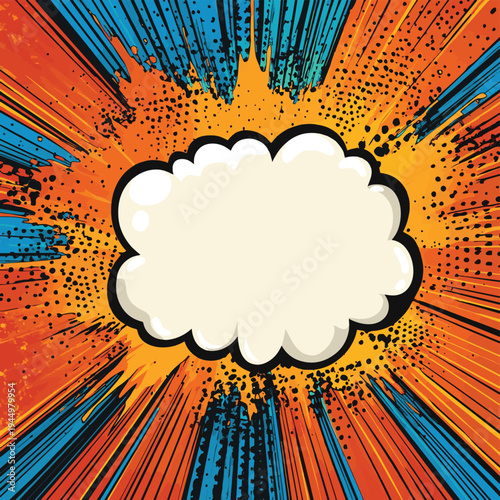A blank comic book speech bubble surrounded by bold colors , vector style simple color