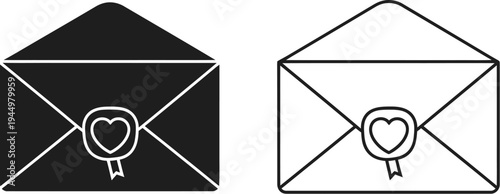 Black and white envelopes with heart shaped seals Vector