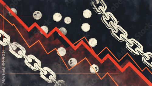 A financial downtrend graph with chains and dollar coins illustrates economic struggles and market volatility.