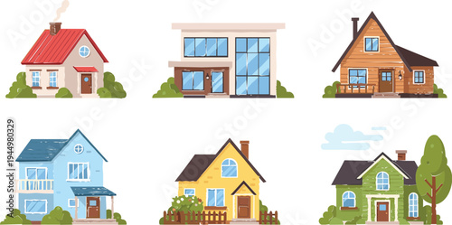 Residential House Collection with Modern Family Homes Suburban Buildings Cottage Houses and Real Estate Architecture Illustration Set