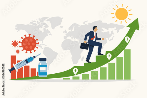 Businessman Climbing Up Green Growth Arrow for Global Economic Recovery After Coronavirus Pandemic with Vaccine Syringe and World Map, Financial Success and Market Rebound Vector Illustration