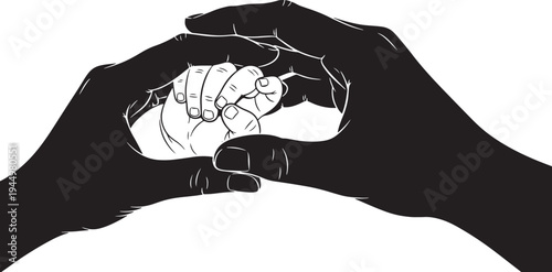 Gentle adult hands cradling a tiny newborn baby's fist, symbolizing protection, love, and new beginnings in a clean silhouette design.