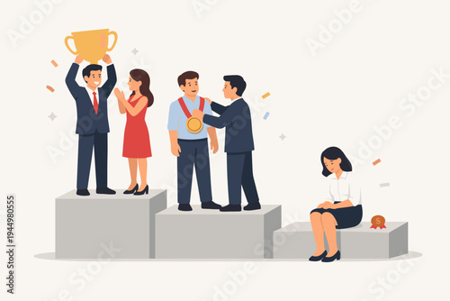 Business People on a Three-Tiered Podium Celebrating Success and Failure; a Businessman Holding a Large Gold Trophy, a Man Receiving a Medal, and a Sad Businesswoman Sitting on the Lowest Step.