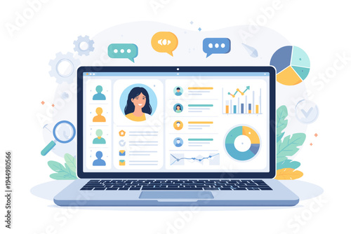 Flat vector illustration of a laptop displaying a customer relationship management CRM software dashboard with user profiles, data analytics charts, and communication icons for business management