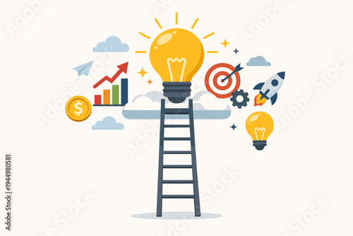 Business Success and Innovation Concept Vector Illustration with a Ladder Leading to a Glowing Lightbulb Idea, Rocket, Target, and Growth Charts for Startup Strategy and Career Advancement.