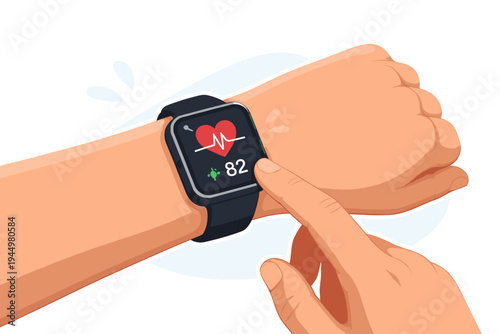 Flat vector illustration of a person's hand wearing a smartwatch monitoring heart rate and pulse with a digital health app interface, showing a red heart icon and ECG line on the screen display.