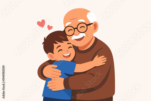 Happy Grandfather Hugging His Grandson in a Warm Embrace. Simple Flat Vector Illustration of a Senior Man and a Young Boy Sharing a Moment of Love, Joy, and Family Togetherness. Heart Symbols.