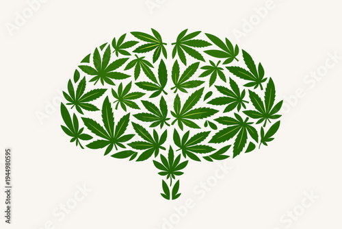 Conceptual Vector Illustration of a Human Brain Composed of Green Marijuana Leaves, Representing Medical Cannabis, Mental Health, Neurology, and the Effects of THC and CBD on the Mind and Body.