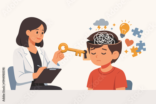 Professional female psychologist unlocking a boy's mind with a golden key to solve mental health problems, confusion, and anxiety, featuring symbols of ideas and heart in a flat vector design.