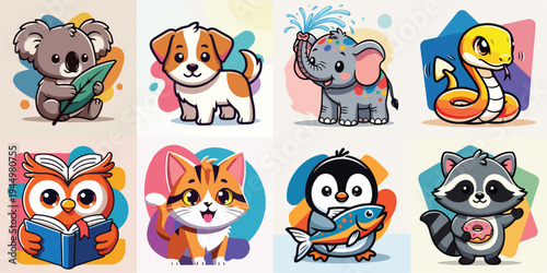 Animals Cartoon Illustration Collection with Cute Koala Dog Elephant Snake Owl Cat Penguin and Raccoon