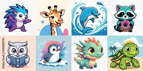 Cute Cartoon Animals Collection Featuring a Hedgehog Giraffe Dolphin Raccoon Owl Penguin Dragon and Turtle