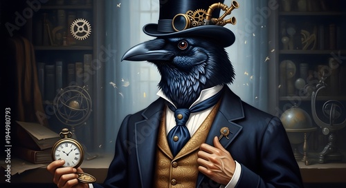 Anthropomorphic Raven Man in Suit. Surreal Bird Head Character