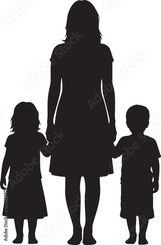 Silhouette of a mother standing with her two children, a boy and a girl, holding their hands, symbolizing family unity and parental guidance.