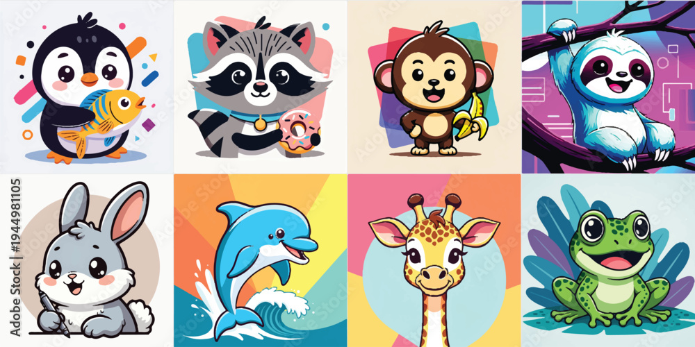 Fototapeta premium Cute Animal Cartoon Illustrations Collection with Penguin Raccoon Monkey and Frog Characters