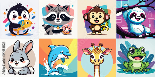 Cute Animal Cartoon Illustrations Collection with Penguin Raccoon Monkey and Frog Characters