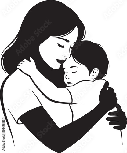 Warm silhouette of a mother embracing her child tightly, both with eyes closed in a moment of shared peace and unconditional love.
