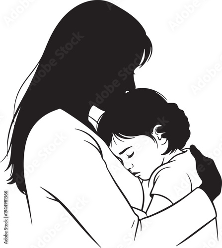 Intimate silhouette of a mother holding her sleeping baby, kissing the baby's forehead, a depiction of profound maternal love and gentle protection.