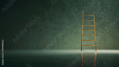 Simple wooden ladder stands against a dark textured wall with glowing particles. Career growth concept