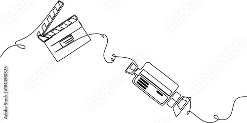Continuous one line drawing of movie clapperboard and video camera, cinema industry concept