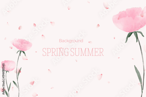 Spring floral in watercolor vector background. Luxury wallpaper design with pink flowers, line art, golden texture.
