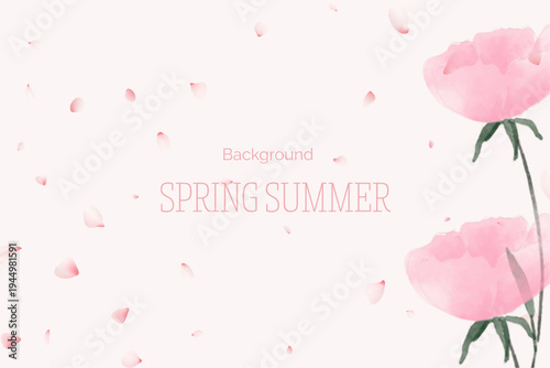 Spring floral in watercolor vector background. Luxury wallpaper design with pink flowers, line art, golden texture.