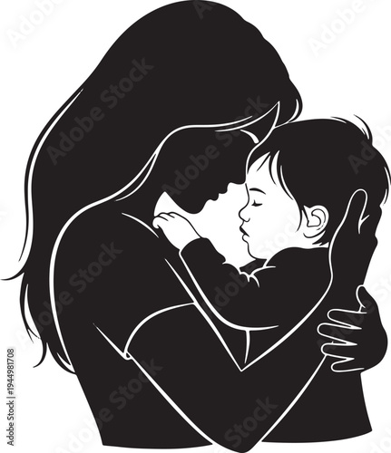 Loving silhouette of a mother embracing her child, pressing foreheads together in a tender moment of deep connection and maternal affection.