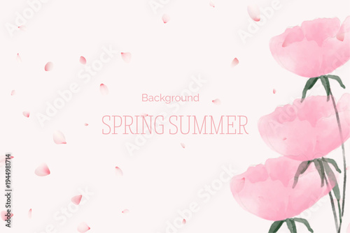 Spring floral in watercolor vector background. Luxury wallpaper design with pink flowers, line art, golden texture.