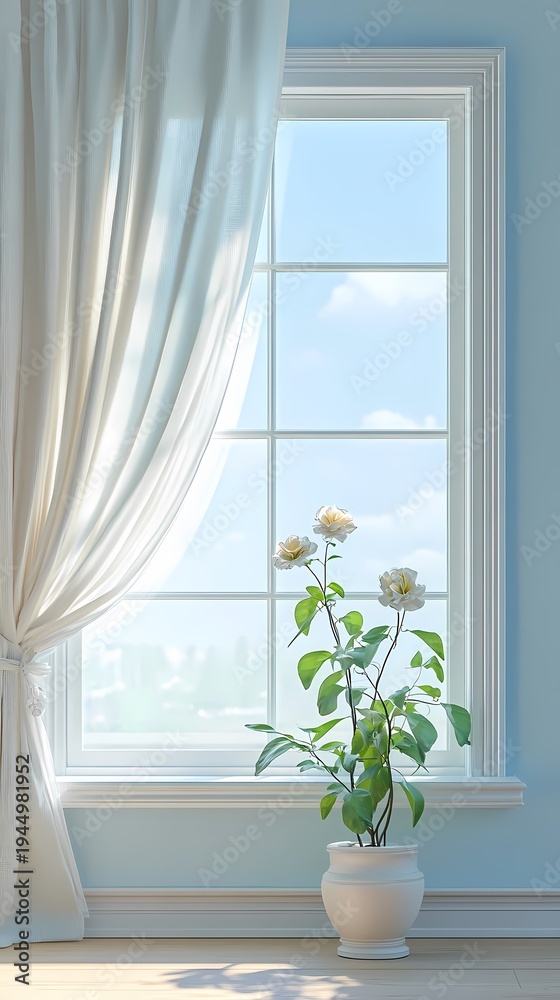 Fototapeta premium window curtains flowers booth poster background